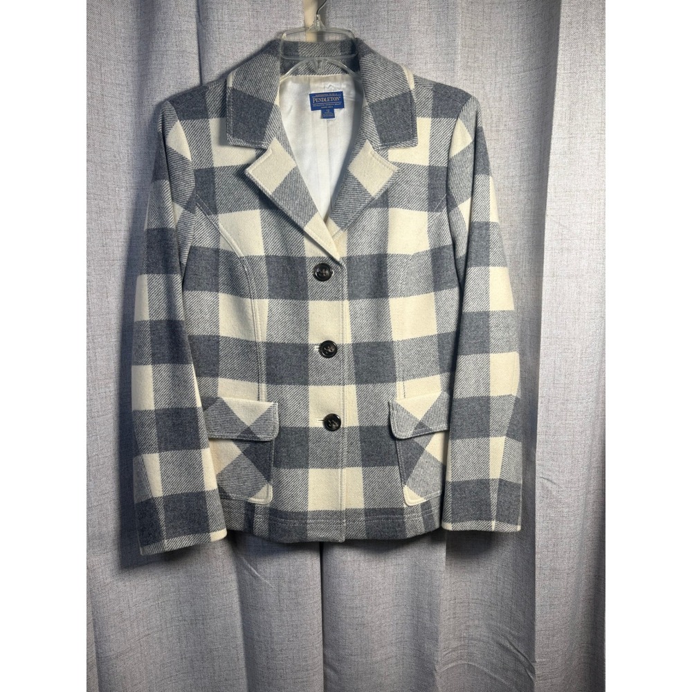 Pendleton Womens Grey Cream Buffalo Plaid Wool Blazer Jacket TF123-31631 Size 12